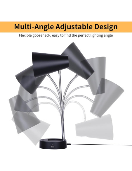 Lámpara de Escritorio LED RUNTOP Negra, 5 Niveles de Brillo, USB y Tipo C