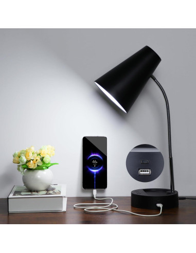 Lámpara de Escritorio LED RUNTOP Negra, 5 Niveles de Brillo, USB y Tipo C