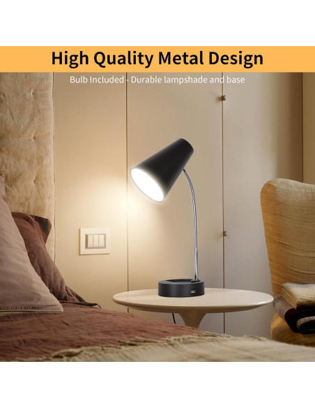 Lámpara de Escritorio LED RUNTOP Negra, 5 Niveles de Brillo, USB y Tipo C