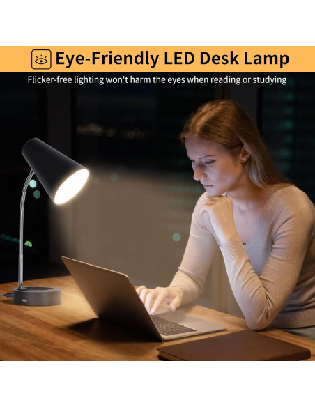 Lámpara de Escritorio LED RUNTOP Negra, 5 Niveles de Brillo, USB y Tipo C