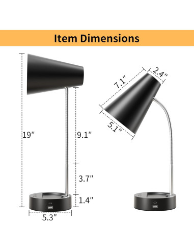 Lámpara de Escritorio LED RUNTOP Negra, 5 Niveles de Brillo, USB y Tipo C