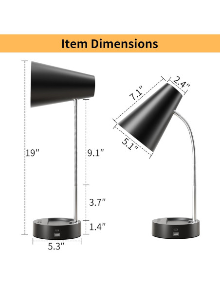 Lámpara de Escritorio LED RUNTOP Negra, 5 Niveles de Brillo, USB y Tipo C