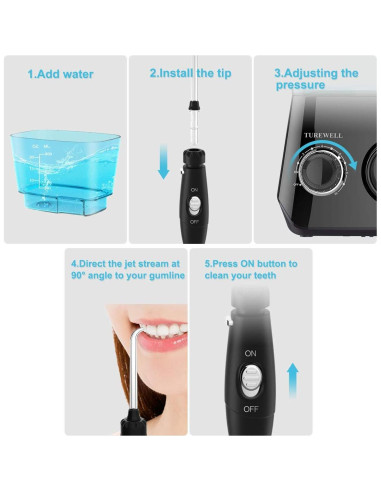 Irrigador Oral TUREWELL 600ML con 10 Presiones Ajustables y 8 Puntas