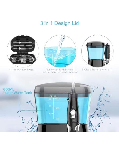 Irrigador Oral TUREWELL 600ML con 10 Presiones Ajustables y 8 Puntas Irrigador Oral TUREWELL 600ML con 10 Presiones Ajustables y 8 Puntas