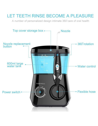 Irrigador Oral TUREWELL 600ML con 10 Presiones Ajustables y 8 Puntas