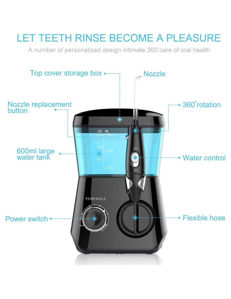 Irrigador Oral TUREWELL 600ML con 10 Presiones Ajustables y 8 Puntas Irrigador Oral TUREWELL 600ML con 10 Presiones Ajustables y 8 Puntas