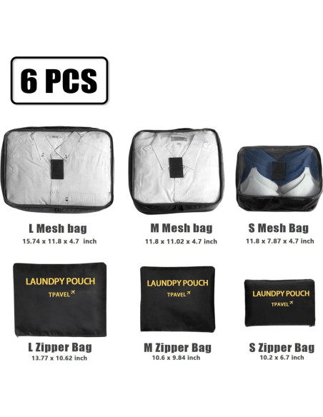 Set de 6 Cubos de Empaque INVODA para Maletas - Negro