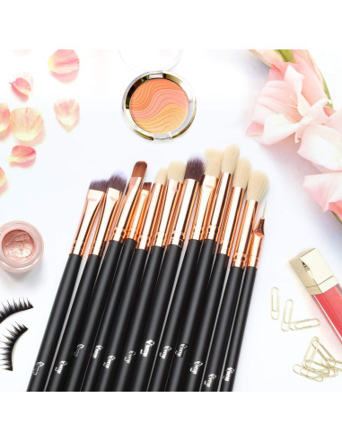 Juego de Brochas de Maquillaje Qivange 12PCS Negro Oro Rosa