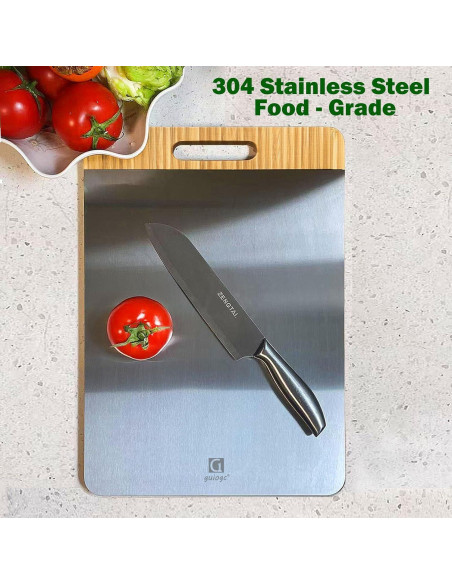 Tabla de Cortar Doble Cara Guiogc - Bambú y Acero Inoxidable 304