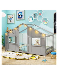 Cama Casa Infantil Giantex Twin con Luces LED - Madera Gris