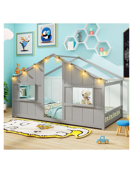 Cama Casa Infantil Giantex Twin con Luces LED - Madera Gris