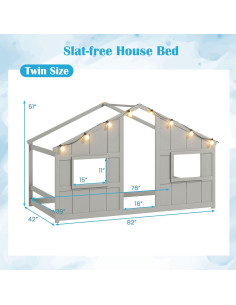 Cama Casa Infantil Giantex Twin con Luces LED - Madera Gris 2