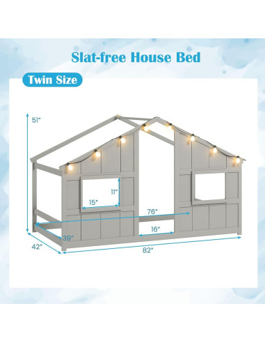 Cama Casa Infantil Giantex Twin con Luces LED - Madera Gris