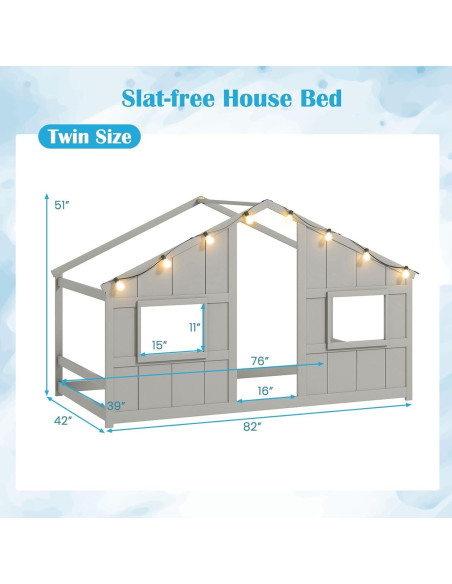 Cama Casa Infantil Giantex Twin con Luces LED - Madera Gris