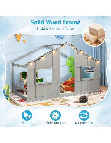 Cama Casa Infantil Giantex Twin con Luces LED - Madera Gris