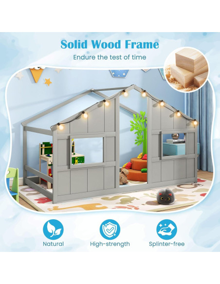 Cama Casa Infantil Giantex Twin con Luces LED - Madera Gris