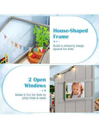 Cama Casa Infantil Giantex Twin con Luces LED - Madera Gris