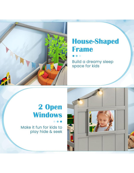 Cama Casa Infantil Giantex Twin con Luces LED - Madera Gris