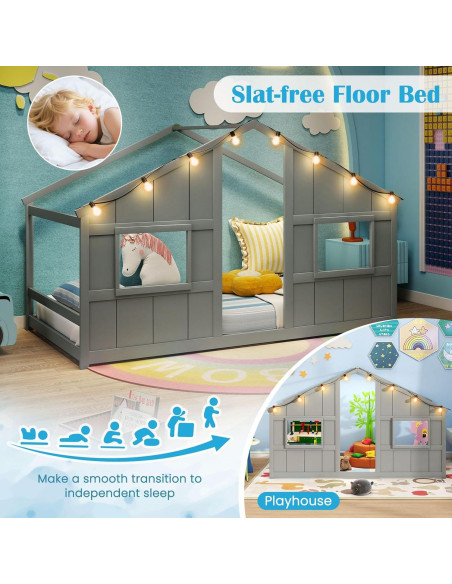 Cama Casa Infantil Giantex Twin con Luces LED - Madera Gris