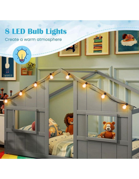 Cama Casa Infantil Giantex Twin con Luces LED - Madera Gris