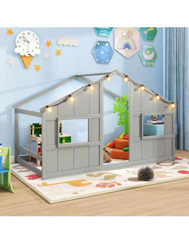 Cama Casa Infantil Giantex Twin con Luces LED - Madera Gris