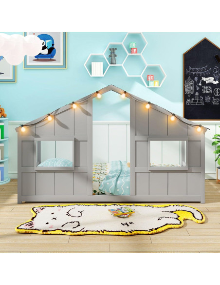 Cama Casa Infantil Giantex Twin con Luces LED - Madera Gris