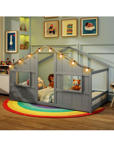 Cama Casa Infantil Giantex Twin con Luces LED - Madera Gris