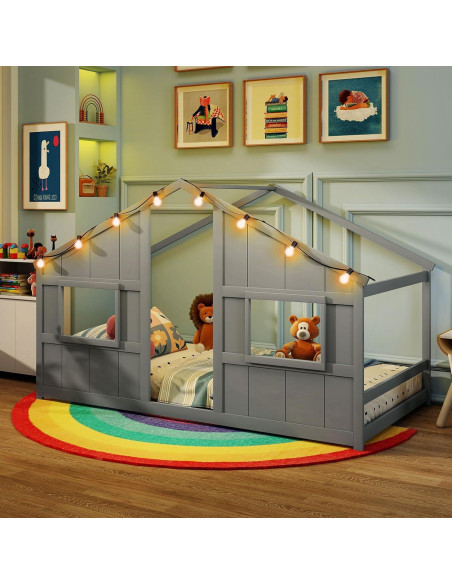 Cama Casa Infantil Giantex Twin con Luces LED - Madera Gris
