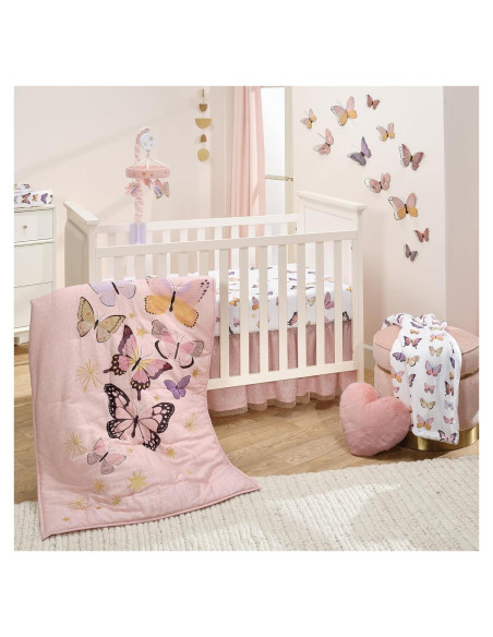 Conjunto de Ropa de Cuna 3 Piezas Lambs & Ivy Mariposa Rosa/Oro