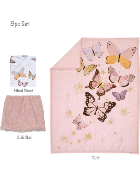 Conjunto de Ropa de Cuna 3 Piezas Lambs & Ivy Mariposa Rosa/Oro