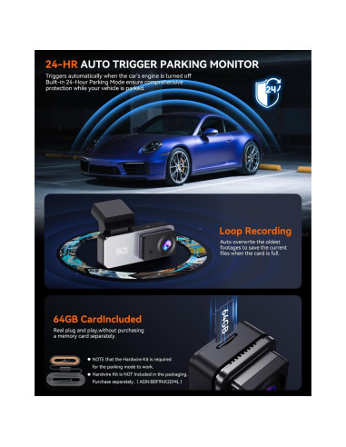 Cámara Dash Delantera y Trasera Eassky 4K/3K, WiFi, 64GB