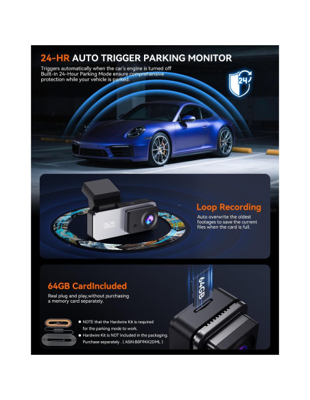 Cámara Dash Delantera y Trasera Eassky 4K/3K, WiFi, 64GB