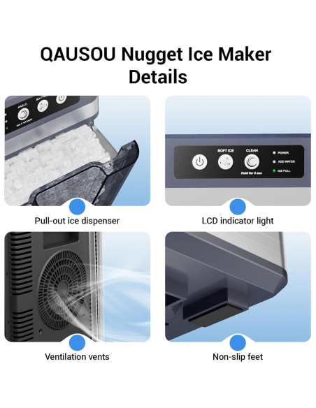 Fabricador de Hielo Nugget Qausou 19.96 kg/día Acero Inoxidable