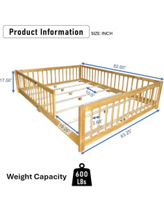 Cama Montessori Queen PVWIIK con Barandillas de Madera Natural 2