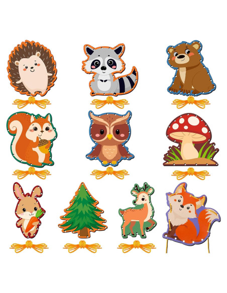 10 Tarjetas de Enhebrado Animales del Bosque Pajean 15x15cm