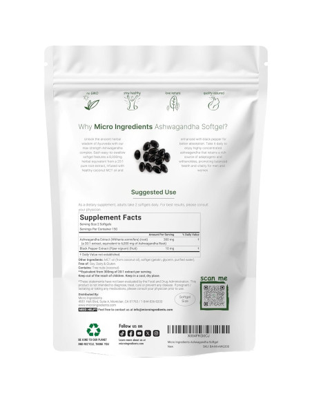 Suplemento de Ashwagandha 6000mg Micro Ingredients 300 Cápsulas