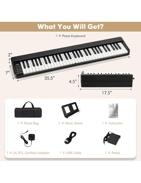 Teclado de Piano Plegable Costzon 61 Teclas Negro Portátil