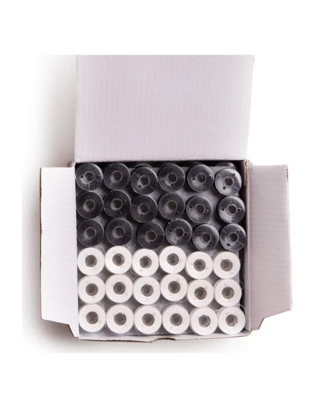 144 Bobinas Preenrolladas Embroidex Negras y Blancas 90 Peso
