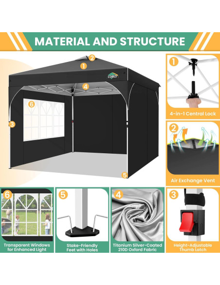 Carpa Plegable COBIZI 10x10 Negra con 3 Paredes Laterales