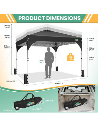 Carpa Plegable COBIZI 10x10 Negra con 3 Paredes Laterales