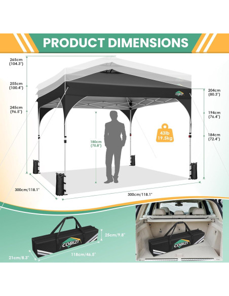Carpa Plegable COBIZI 10x10 Negra con 3 Paredes Laterales
