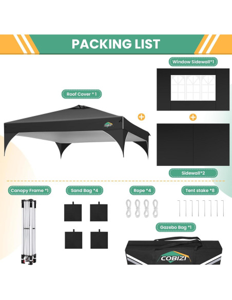 Carpa Plegable COBIZI 10x10 Negra con 3 Paredes Laterales
