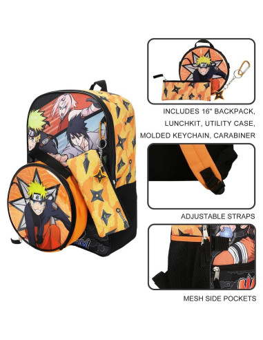 Conjunto Mochila 5 Piezas Naruto Anime Naranja y Negro