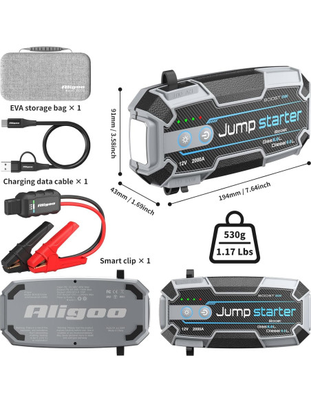 Arrancador de Coche Portátil Aligoo Boost 2000 4000A Carga Rápida