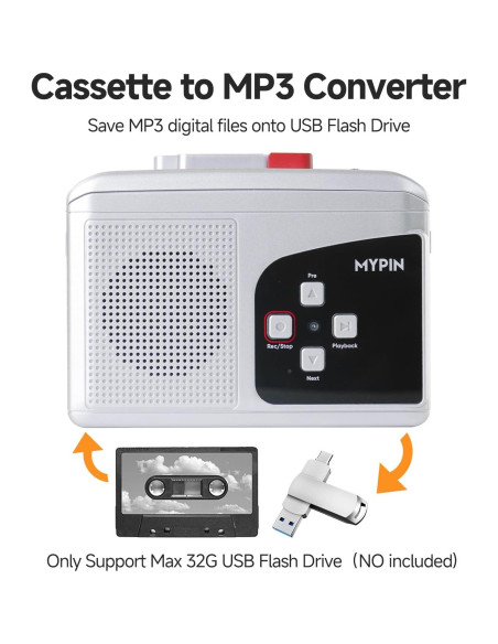 Grabadora de Cinta Estéreo Portátil MYPIN, Convierte a MP3