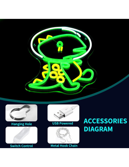 Luz de Neón LED Dinosaurio JGHTURIE 40x32cm Verde USB Luz de Neón LED Dinosaurio JGHTURIE 40x32cm Verde USB