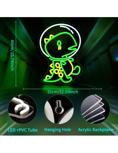 Luz de Neón LED Dinosaurio JGHTURIE 40x32cm Verde USB