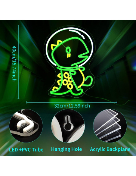 Luz de Neón LED Dinosaurio JGHTURIE 40x32cm Verde USB Luz de Neón LED Dinosaurio JGHTURIE 40x32cm Verde USB