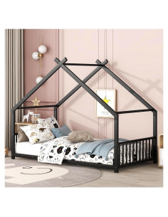 Cama Montessori Twin Zentrava Negra con Techo de Metal