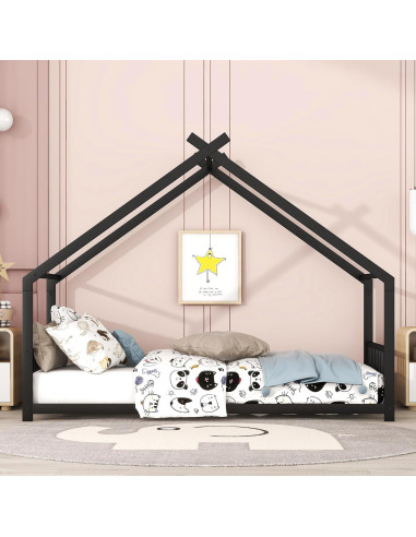 Cama Montessori Twin Zentrava Negra con Techo de Metal